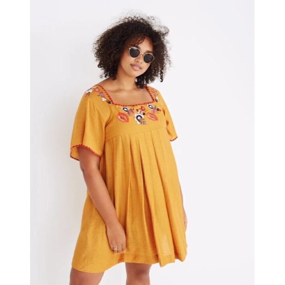 Madewell Yellow Embroidered Square Neck Short Sleeve Mini Dress S